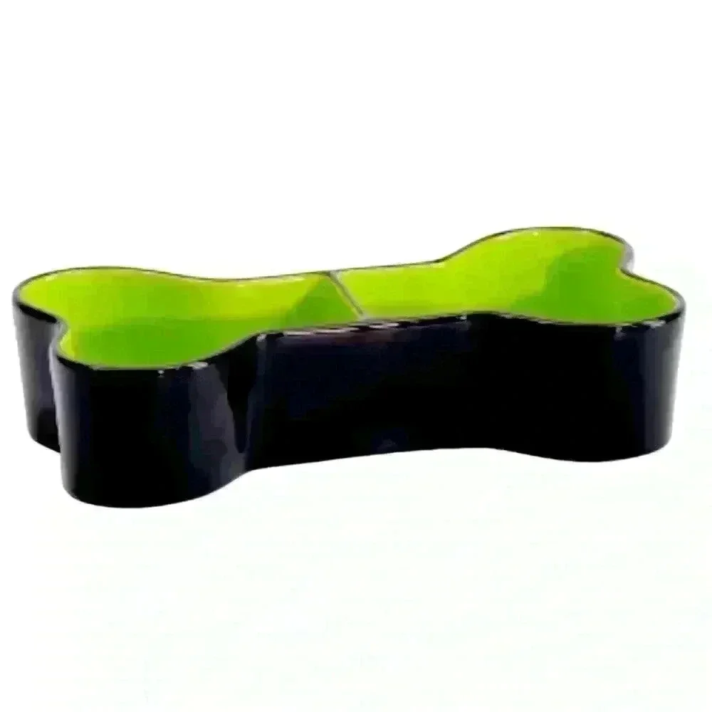 NEW Rae Dunn -BREW & GRUEL - Glazed Ceramic Dual Pet Bowl/DISH 💚🖤
